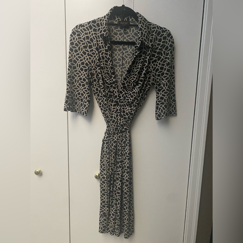 Black and Cream Patterned Wrap Dress